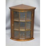 NEAT REPRODUCTION MAHOGANY WALL HANGING CORNER CUPBOARD, glass fronted, 65.5cms H, 51cms W