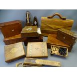 VICTORIAN & LATER LIDDED BOXES, wooden briefcase, metronome, child's piano ETC