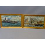 E P SIMMS oils on board, a pair - Primitive School, urban views of aside the Mersey River, signed