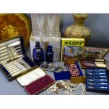 MIXED COLLECTABLES to include cased cutlery, Bristol blue glass bottles, Italian inlaid serving
