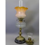 VICTORIAN OIL LAMP with clear glass font and duplex wick turners and decorative glass shade with a