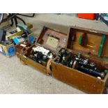 ENGINEER'S, SURVEYOR'S VINTAGE CASED THEODOLITES, tripod stand, measuring sticks and associated