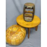 FURNITURE ASSORTMENT - a leather upholstered pouffe, a circular occasional table and a rustic effect