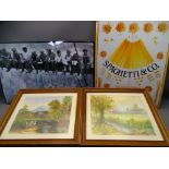 A GANNON watercolours, a pair of countryside scenes, 22 x 27cms and two reproduction enamel posters,