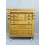 VICTORIAN SCUMBLED PINE CHEST OF MULTIPLE DRAWERS ON CASTORS, 137cms H, 115cms W, 54cms D