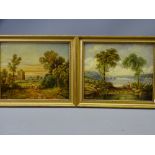 S DAVIES oils on board, a pair - landscape with figures and a lakeside view with figures and