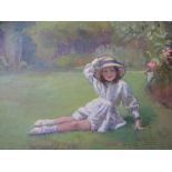 HARRY J PEARSON oil on canvas on stretcher - bonneted girl in the garden, stamped verso 'Thomson