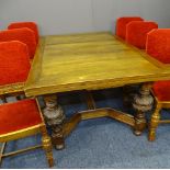 LARGE JACOBEAN STYLE OAK DRAW LEAF DINING TABLE & SIX CHAIRS, the table base with substantial carved