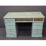 CIRCA 1910 OAK TWIN PEDESTAL DESK, painted blue, 74cms H, 122.5cms W, 66cms D