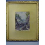 H R HALL watercolour - bridge over a rocky river, 15.5 x 12cms, gilt mounted and framed
