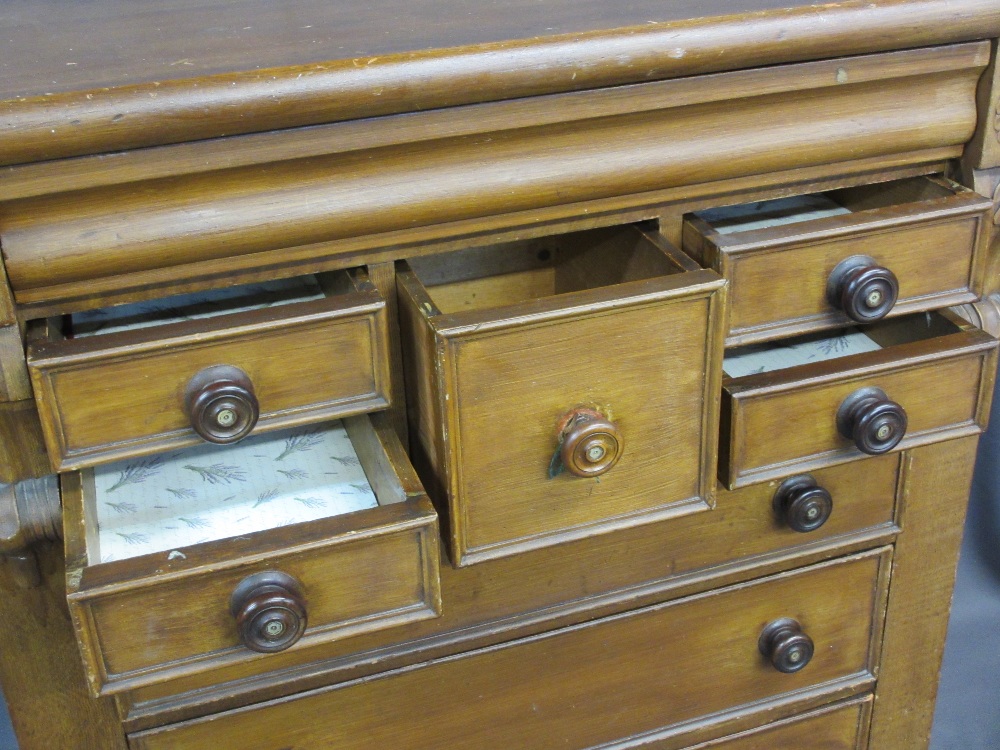 VICTORIAN SCUMBLED PINE CHEST OF MULTIPLE DRAWERS ON CASTORS, 137cms H, 115cms W, 54cms D - Image 2 of 3