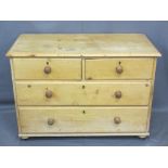 VINTAGE STRIPPED PINE CHEST of two short over two long drawers with turned wooden knobs, 75.5cms