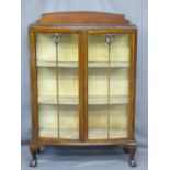MAHOGANY TWO DOOR CHINA DISPLAY CABINET with shaped rail back, 134cms H overall, 97cms W maximum,