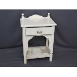 SINGLE DRAWER PAINTED HALL TABLE with rail back and lower shelf with drip trays, 83cms H overall,