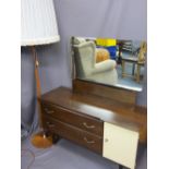 MID CENTURY MIRRORED DRESSING TABLE and a stylish teak and copper effect standard lamp, 123cms H,