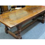 SUBSTANTIAL REPRODUCTION OAK REFECTORY TABLE, 4cms thick cleated end top on turned and block