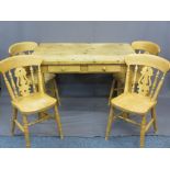 MODERN PINE TWO DRAWER FARMHOUSE TABLE and four curved back chairs, 78cms H, 125cms L, 87cms W the