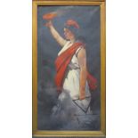 SPANISH SCHOOL OIL ON CANVAS - maiden holding a flaming torch and a triangle, possible