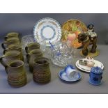 MIXED STONEWARE, CHINA & GLASSWARE to include eight pottery tankards bearing Welsh area names and