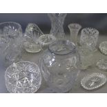 CUT & OTHER GLASS VASES including a leaf decorated example with indistinct signature to the polished