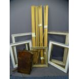 NUMEROUS LENGTHS OF HARDWOOD MOULDING, vacant picture frames, other timber and two folding vintage