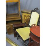 FURNITURE ASSORTMENT to include a wall hanging whatnot, brass fender, hall chair, antique style