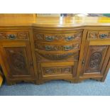 EDWARDIAN CARVED MAHOGANY BOW FRONT SIDEBOARD, 91cms H, 149cms W, 53cms D maximum