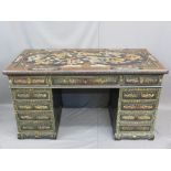 CHINESE PAINTED LACQUERWORK TWIN PEDESTAL DESK, early 20th century decorated with dragons in