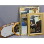 FOUR VINTAGE & LATER WALL MIRRORS including oak framed example with bevelled edge glass, two gilt