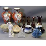 MIXED POTTERY, PORCELAIN & GLASSWARE to include a pair of Satsuma type vases, a Doulton lady