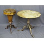 TWO ANTIQUE TABLES for restoration to include an early oak tripod table with circular top, 67cms