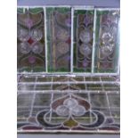 EIGHT UNFRAMED STAINED GLASS LEADED WINDOW PANELS, measurements are 2 x 44cms x 20cms, 2 x 44cms x