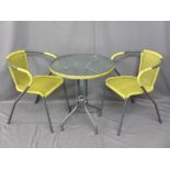 MODERN THREE PIECE CONSERVATORY SET of circular table, 69cms H, 64cms D and a pair of armchairs in