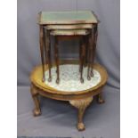 VINTAGE CARVED WALNUT CIRCULAR TOP TABLE and a modern set of three glass top tables, 41cms H, 75.