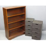 REPRODUCTION MAHOGANY BOOKCASE and two brown leather effect four drawer storage units, 113cms H,