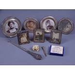 SEVEN SMALL HALLMARKED SILVER PORTRAIT FRAMES and other small collectables, four of the frames