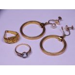 CHINESE & OTHER GOLD JEWELLERY, 3 items including a pair of 9ct stamped hoop earrings having screw