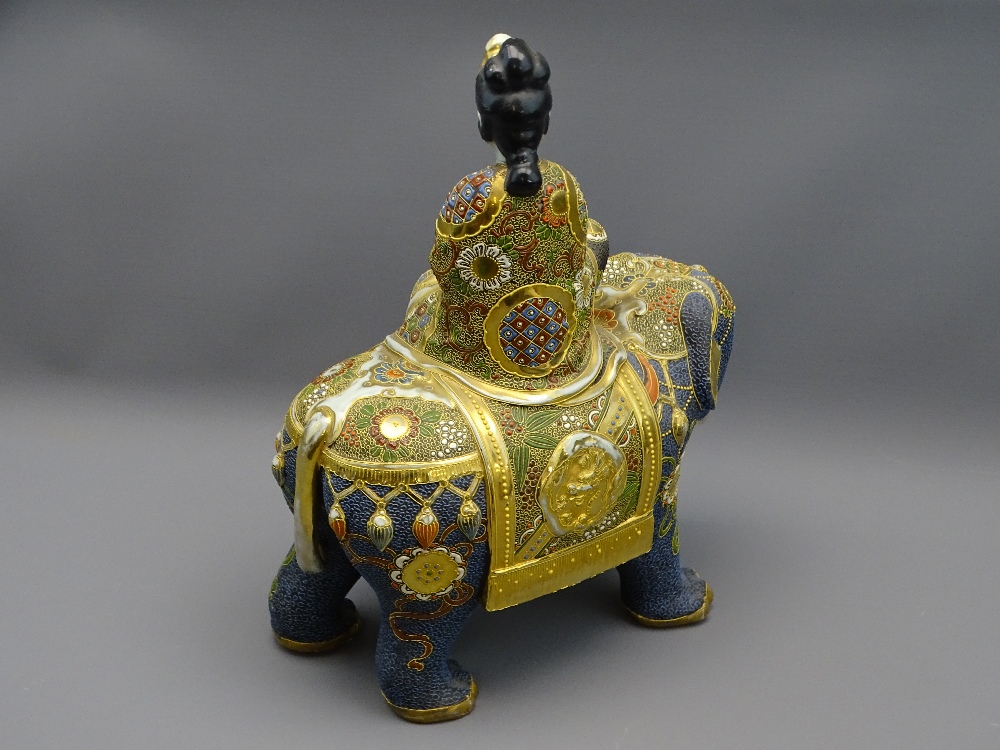 JAPANESE SATSUMA PORCELAIN MODEL, Geisha seated on an elephant, 36cms H, mark to the base - Image 2 of 3