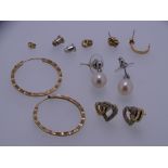 EARRINGS - a pair of 9ct gold hoop earrings, 1.2grms, a pair of 9ct gold double heart stud earrings,