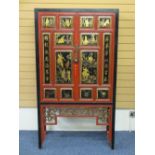 VINTAGE STYLE TWO DOOR CHINESE LACQUER WORK CABINET having twin multi-raised panel doors with gilt