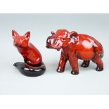 ROYAL DOULTON FLAMBE - 'Elephant' 12cms H and 'Fox' 12cms H