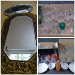 MIXED DRINKING GLASSWARE, a large parcel, including four plain stemmed green wine glasses, a box and