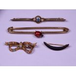 FOUR GOLD & BELIEVED GOLD VICTORIAN & LATER BAR BROOCHES to include a 15ct seed pearl and possibly