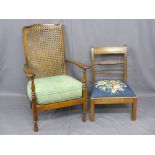 TWO VINTAGE SIDE CHAIRS including a bergere back armchair, 91cms H, 61cms W, 46cms seat depth and