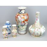 FIVE CHINESE & JAPANESE VASES including a Famille Rose decorated bottle vase, 33cms H, a Japanese