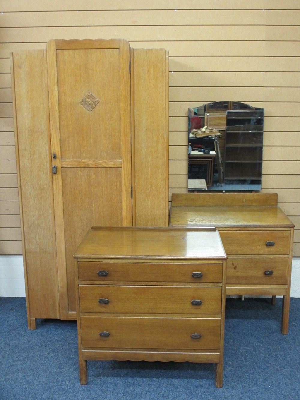 VINTAGE OAK THREE PIECE BEDROOM SUITE consisting of single door wardrobe, 183cms H, 93cms W, 46cms