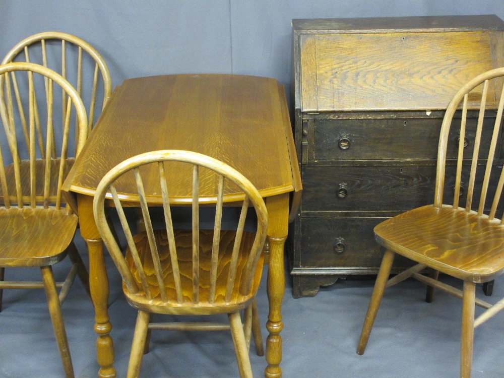 VINTAGE OAK BUREAU, twin-flap dining table and four hoop back dining chairs, various measurements