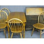 VINTAGE OAK BUREAU, twin-flap dining table and four hoop back dining chairs, various measurements