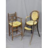 TWO VINTAGE HIGH CHAIRS including a Bentwood example with cane work seat and back, 97cms H, 36cms W,