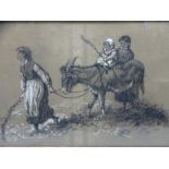 AN AMUSING VICTORIAN charcoal and chalk drawing - children with a donkey, 30 x 45cms